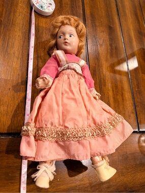 Vintage Composite Strung Peach Doll w/Pink Top & Undergarments & Stitched Wig